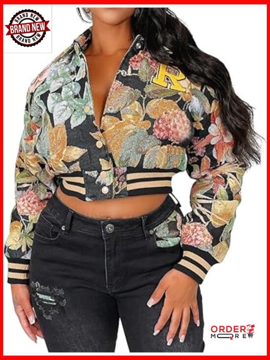 Jackets & Blazers - Cropped Floral Print Bomber Jacket Casual Button Down Coat Outerwear
